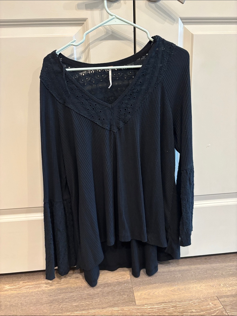 Free People Black Eyelet Lace V-Neck Long Sleeve Tunic